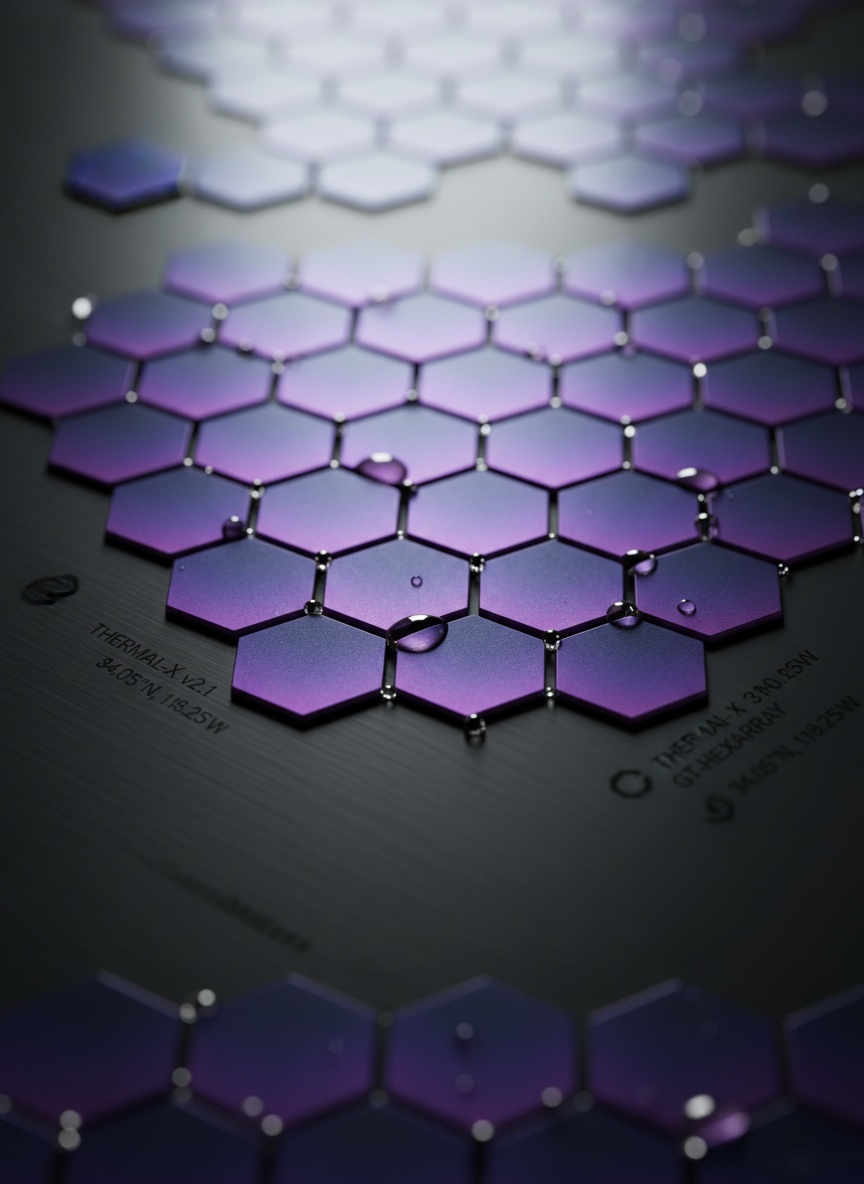A close-up, macro-style photographic image of a custom thermal interface lattice: interlocking hexagonal graphene tiles with ultra-fine, hairline gaps, each tile subtly tinted from dark indigo at its edges to bright violet at its center. Microscopic droplets of liquid metal shimmer along the joints, catching pinpoint reflections. The lattice is mounted on a brushed black tungsten substrate, faintly engraved with minuscule system engineering annotations. A single, cool-white directional light grazes across the surface at a low angle, revealing intricate texture and casting delicate shadows into the gaps. Shallow depth of field isolates a small central region in razor-sharp focus while the surroundings melt into velvety blur, creating a bold, almost abstract yet rigorously technical atmosphere.