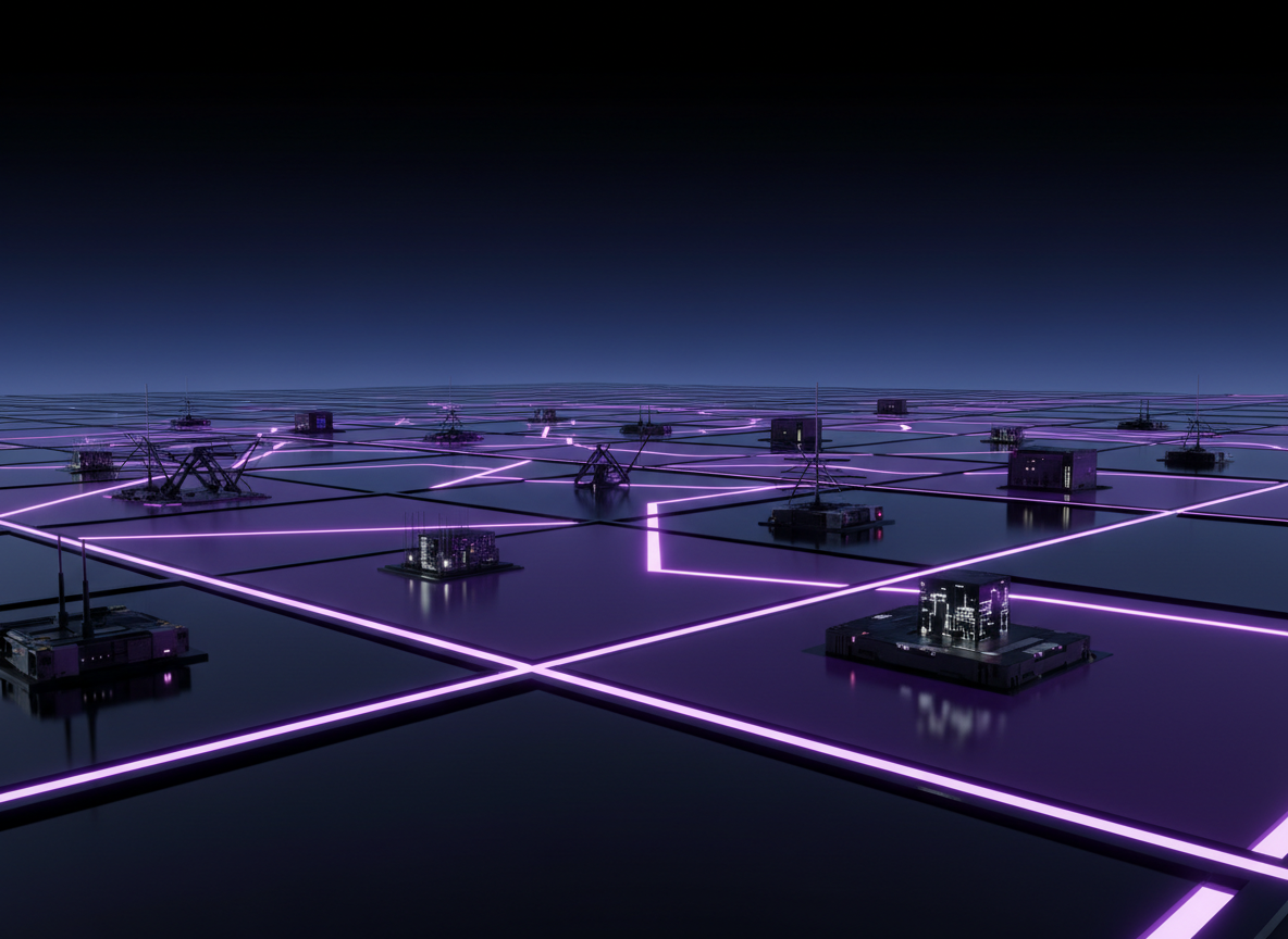 An abstract conceptual visualization of systems engineering for sovereign infrastructure: a vast, dark, glassy plane stretching to the horizon, segmented into sharp geometric zones of deep violet and black, each zone containing a different compact hardware form—antenna arrays, encrypted data cubes, rugged edge nodes—interconnected by glowing, angular paths of neon purple light. Above, a minimal, starless gradient sky fades from black to indigo. The scene is lit by a combination of low, grazing lights and the luminous paths themselves, creating crisp reflections and dramatic negative space. Captured in photographic realism with a wide, cinematic aspect ratio and strong leading lines, the composition feels expansive, decisive, and boldly strategic, evoking high-level architecture and control.