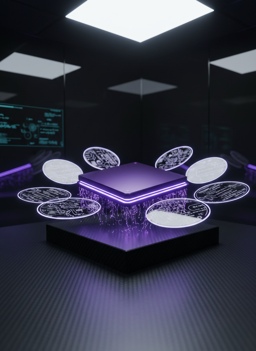 A sleek, deep-violet superconducting processor core suspended above a matte black carbon-fiber platform, each edge of the core glowing with crisp electric purple filaments. Around it, concentric transparent graphene rings float in the air, etched with fine circuit-like patterns representing theoretical physics equations. The environment is an ultra-clean, dark research lab with reflective black glass walls and faint holographic diagrams in the distance. Hard, directional cool-white lighting from above and behind creates sharp highlights and dramatic shadows, emphasizing metallic textures. Captured in photographic realism from a slightly low angle, with a shallow depth of field that blurs the distant lab, the mood is bold, futuristic, and intensely focused on high-end R&D innovation.