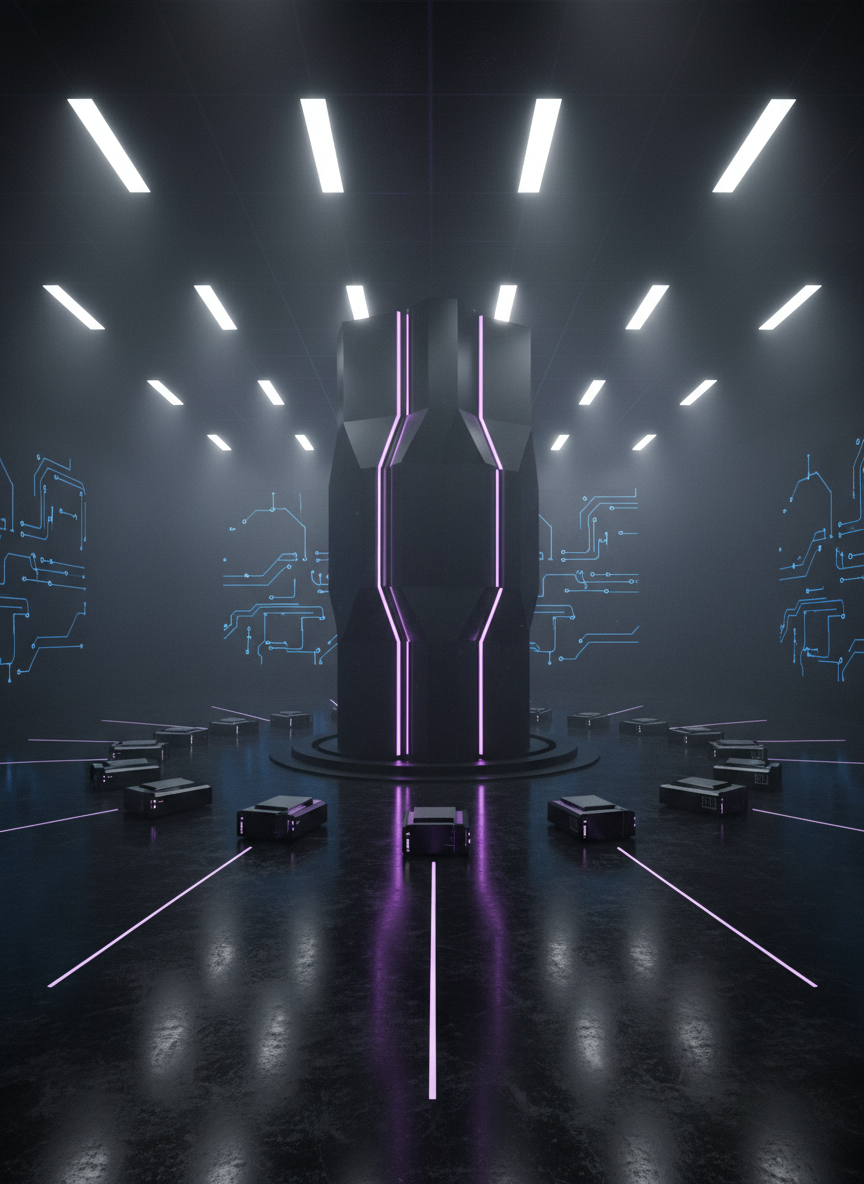 A high-security, sovereign tech operations room rendered in photographic realism, centered on a monolithic, matte-black server pillar with sharp, faceted sides, each face illuminated by vertical bands of saturated purple system status lights. The pillar stands on a polished basalt floor that mirrors the glow, surrounded by ring-like arrays of compact, cable-free hardware nodes. The walls are deep charcoal with embedded, softly pulsing circuit motifs. Overhead, narrow-beam white LEDs slice through a controlled haze, creating volumetric light rays and pronounced shadows. Shot from a slightly elevated wide-angle perspective, with strong depth and crisp detail throughout, the mood is confident, uncompromising, and powerfully sovereign, emphasizing secure, independent infrastructure.