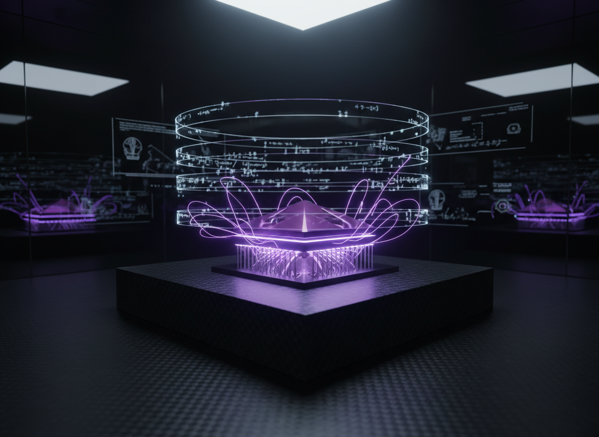 A sleek, deep-violet superconducting processor core suspended above a matte black carbon-fiber platform, each edge of the core glowing with crisp electric purple filaments. Around it, concentric transparent graphene rings float in the air, etched with fine circuit-like patterns representing theoretical physics equations. The environment is an ultra-clean, dark research lab with reflective black glass walls and faint holographic diagrams in the distance. Hard, directional cool-white lighting from above and behind creates sharp highlights and dramatic shadows, emphasizing metallic textures. Captured in photographic realism from a slightly low angle, with a shallow depth of field that blurs the distant lab, the mood is bold, futuristic, and intensely focused on high-end R&D innovation.