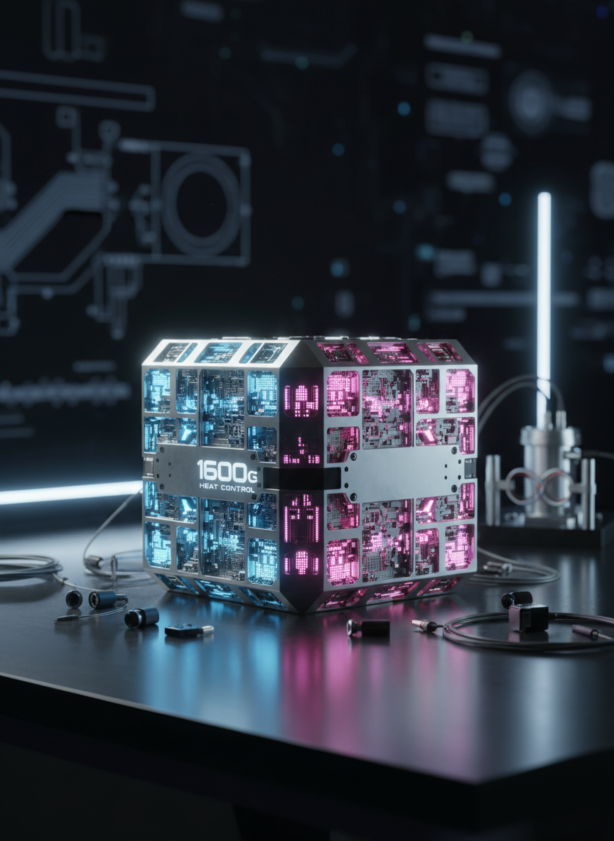 An intricate, cube-shaped thermal management module in brushed titanium, its surfaces perforated with micro-channel arrays glowing in gradients from icy blue to intense magenta, symbolizing 1600-sigma heat control. The module rests on a pristine, dark anodized aluminum bench surrounded by neatly arranged instrumentation: fiber-optic cables, precision sensors, and a minimalist quantum test rig in the background. Cool, controlled studio lighting from both sides creates gleaming reflections and precise edge highlights, while a subtle rim light separates the cube from a softly blurred, dark backdrop of abstract schematics. Photographic realism, eye-level composition with sharp focus on the cube and gentle bokeh behind, conveys a bold, cutting-edge, highly engineered atmosphere.